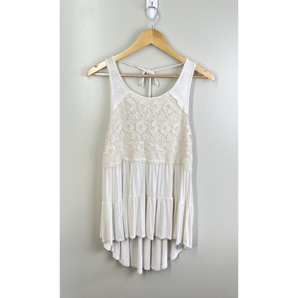 Women's Ivory Crochet Lace Tiered High-Low Tank Top Boho Festival Romantic Lg